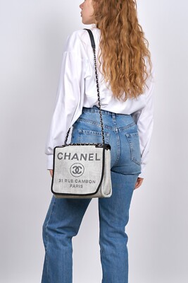 VERIFIED Authentic CHANEL Gray Raffia Small Deauville Messenger