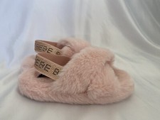 BEBE Girl Faux Fur Cross Strap Slippers- Girls size M 13/1 Pink