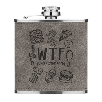 WTF Where's The Food 6 Unzen PU Leder Flachmann Grau Schokolade Lustig Burger Hungrig