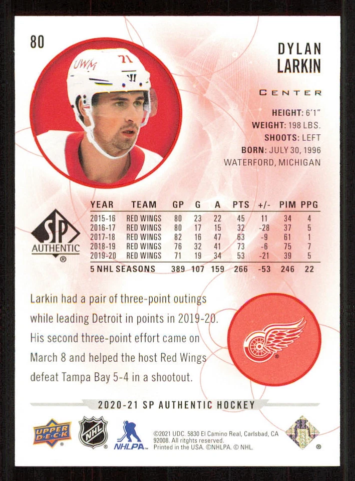 2020-21 SP Authentic Limited Red #80 Dylan Larkin - Image 2 of 2