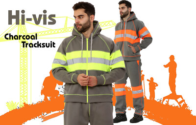 Men's Hi Vis Reflective Workwear Charcoal Hoodie Trousers Zip Up Tracksuit  Set