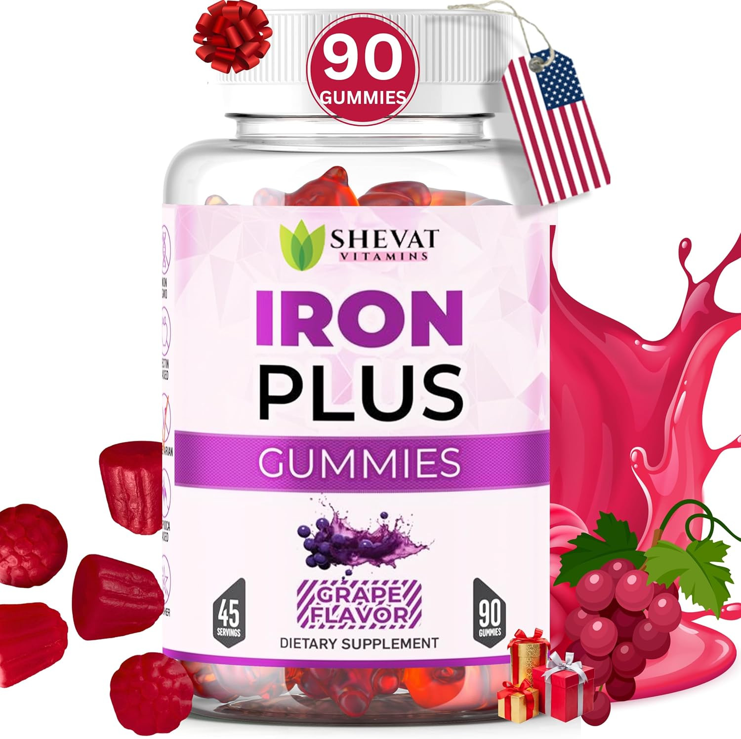 Iron Gummies for Women,Men &Kids - Vegan,Gluten Free (Grape) Immune Support-Fami