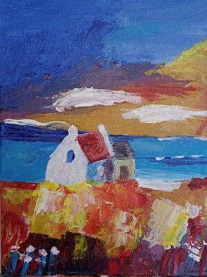 Impressionistic/Abstract Seaside Cottage 8 x 10  Original Acrylic Art Painting