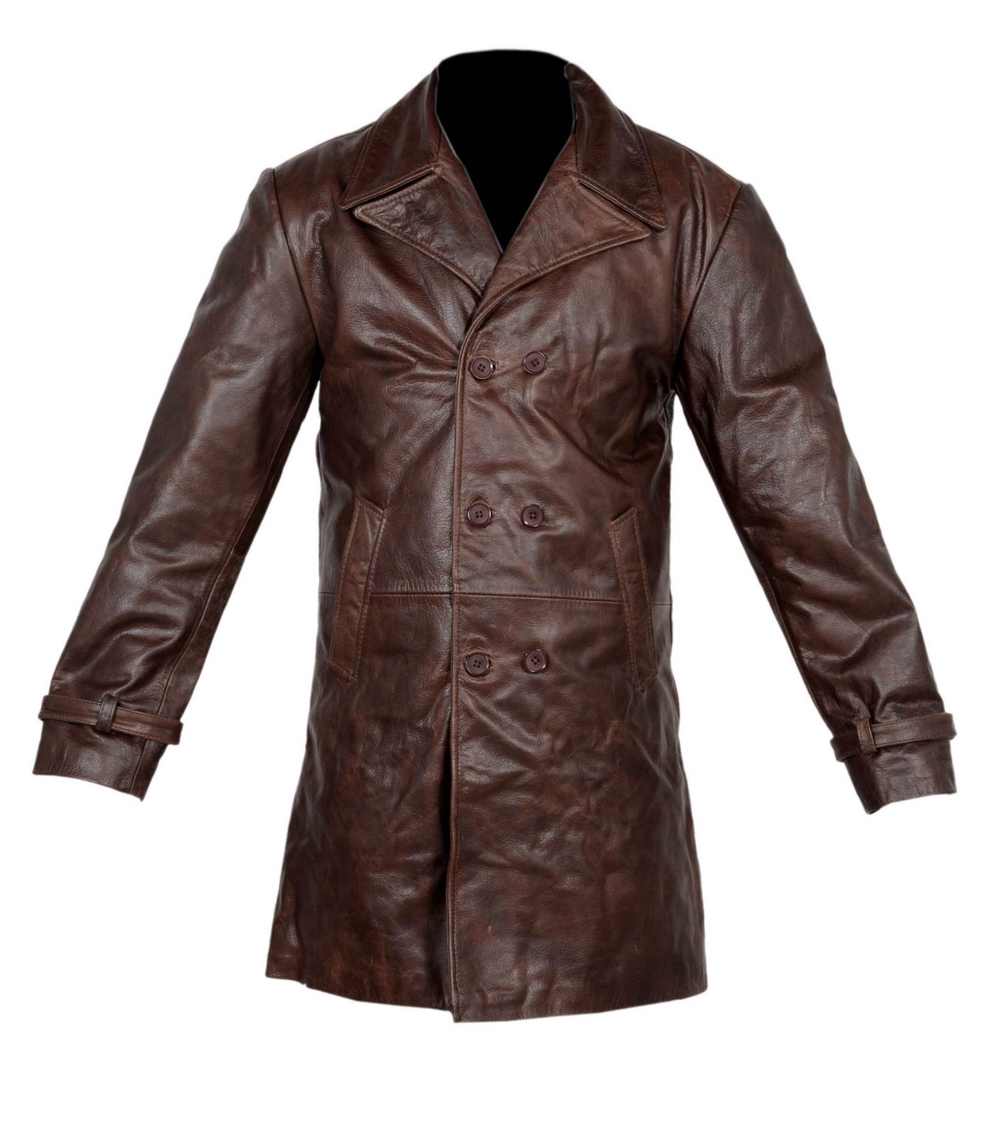 VINTAGE MEN BROWN DISTRESSED COW HIDE LEATHER KNEE LENGTH COAT JACKET UK