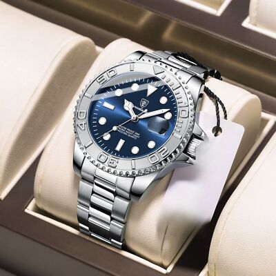 Herren Datum Uhren Edelstahl Quarzuhr Wasserdicht Leuchtende Armbanduhr UK