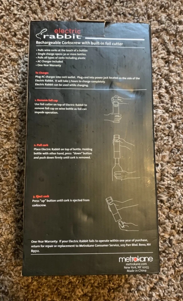 Sacacorchos Eléctrico Recargable Metrokane Conejo con Cortador de Lámina Incorporado - NUEVO Foto 2 de 4