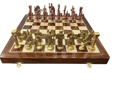 Folding Wooden Handcrafted Chess Board Set with Brass Roman Figures Set 14''