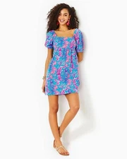 Lilly Pulitzer Delaney Short Sleeve Mini Dress Floral Printed Smocked M-8 282226