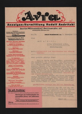 BERLIN-WILMERSDORF, Brief 1932, Avra Anzeigen-Vermittlung Rudolf Andritzki