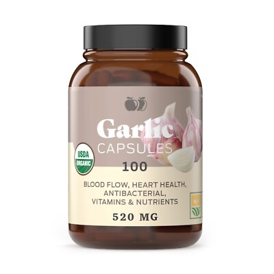 Organic Garlic Capsules - 100 Capsules 600mg Powder Supplement & Pills