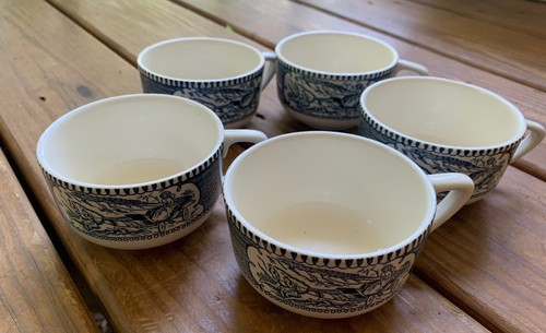 Royal China Currier & Ives Cups set of 5 Old Homestead Horse Blue White Mugs - Picture 2 of 6
