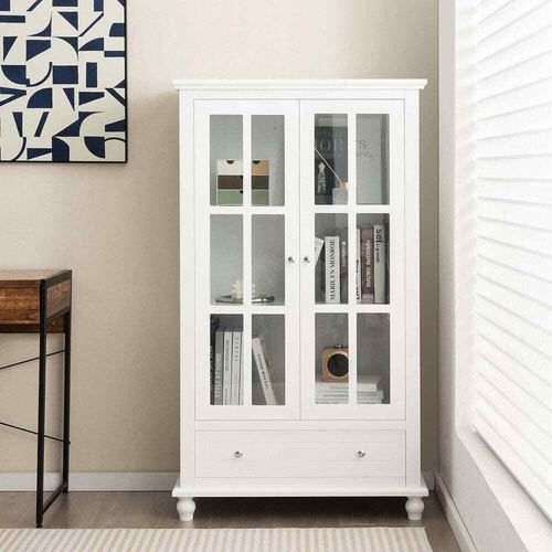 55 In. Tall White Wood 2-Shelf Standard Bookcase With Tempered Glass Doors Drawe - Picture 2 of 8