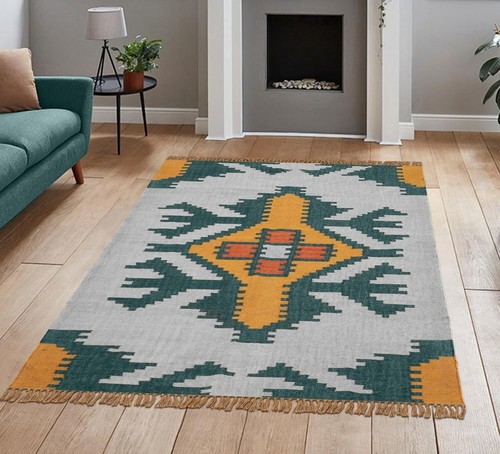 Natural Wool Jute Rug 8x11 Kilim Rug - Eco-Friendly Large Area Rug Beige Black - Picture 11 of 48