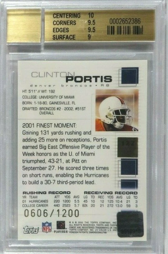 CLINTON PORTIS RC 2002 FINEST 606 /1200 SIGNED AUTOGRAPH ROOKIE AUTO BGS 9.5 GEM - Image 2 of 2