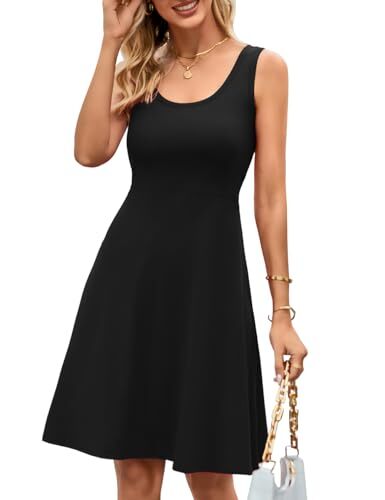 Damen Sommer schmale ärmellose Schaufelausschnitt A-Linie Flare Sonnenkleider Medium 0-schwarz - Bild 2 von 7