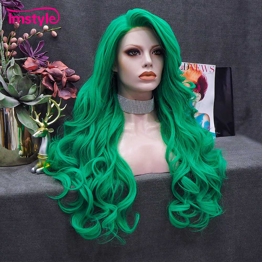 Green Wig Synthetic Lace Front Wig Long Wavy Lace Wig Heat  display picture 1