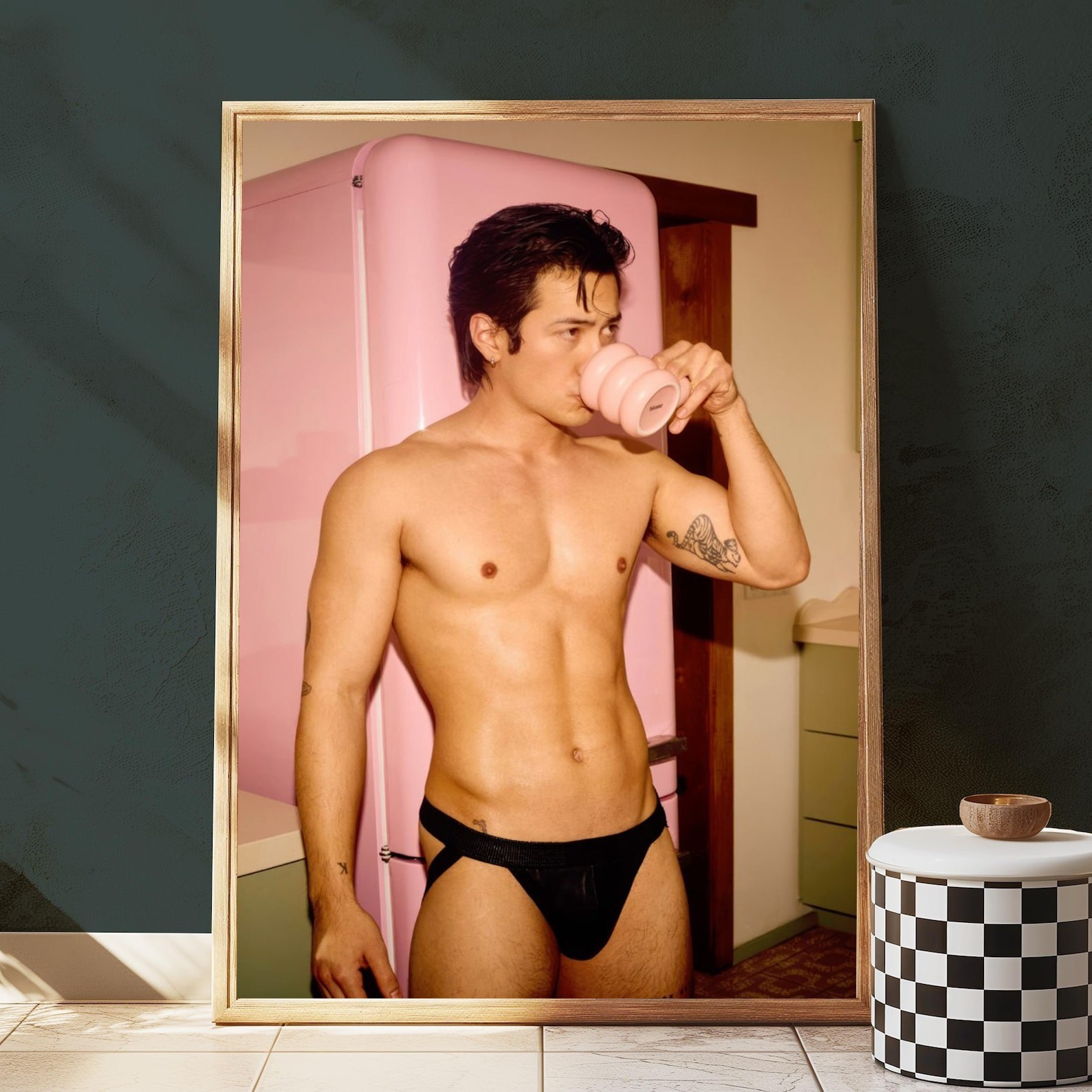 Male model shirtless kitchen lifestyle aesthetic home decor wall art poster