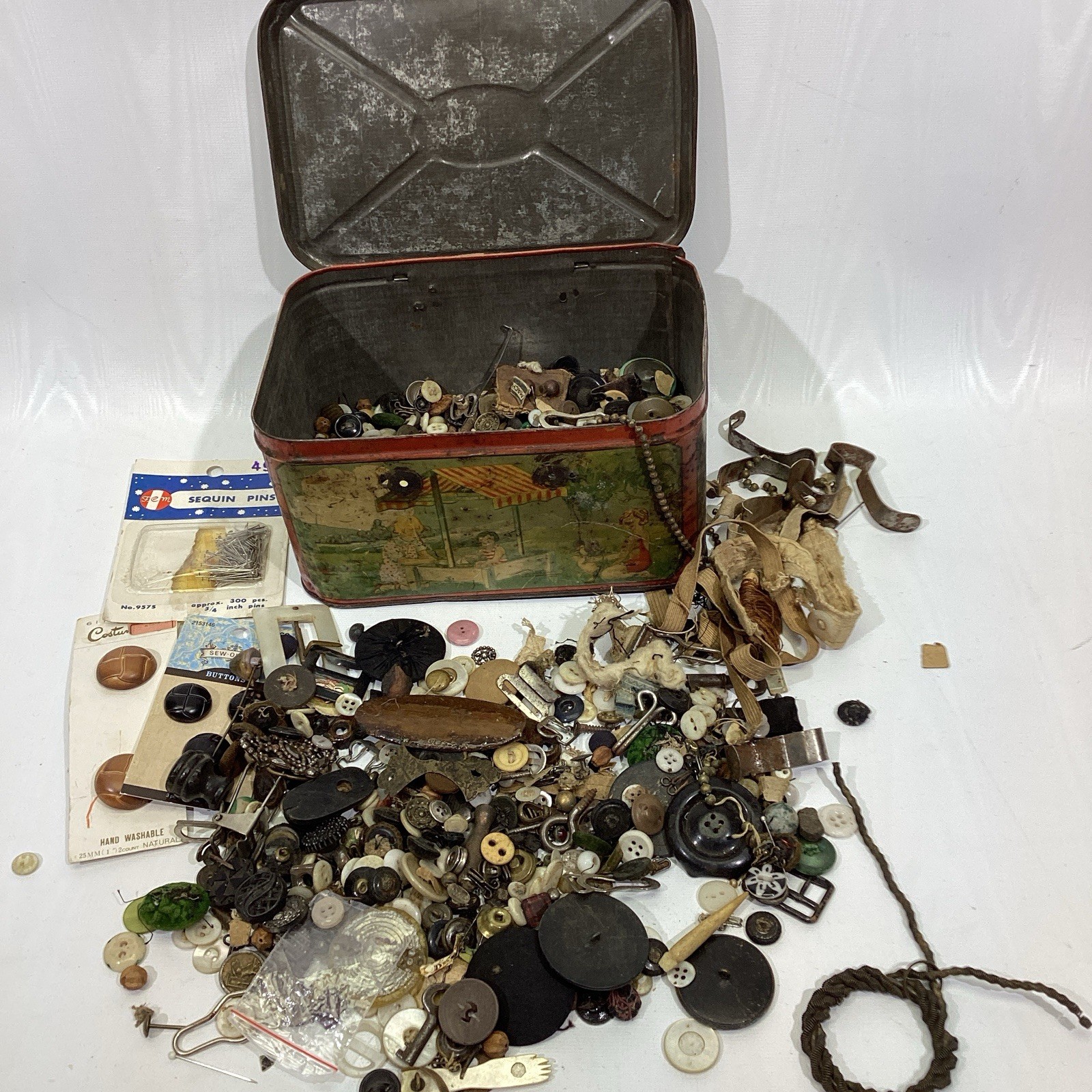 Rectangle Tin Filled W/ Vintage Buttons & Notions