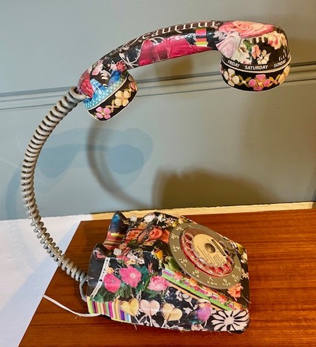 OOAK Decoupage Vintage Telephone Lamp Rotary Phone LED Desk Light by ANN BITS