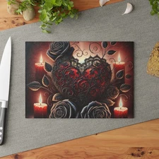 Gothic Lace Heart and Black Roses Glass Cutting Board, Kitchen Decor Unique Gift