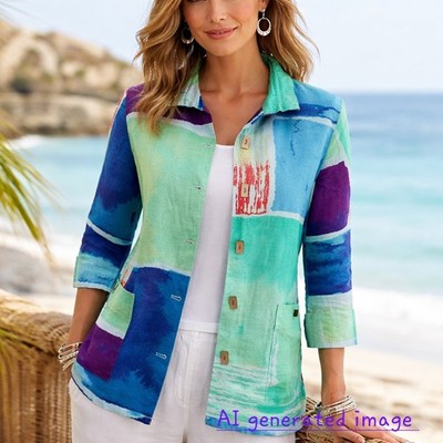 Ali Miles 100% Linen Jacket Artsy Vibrant Shirt Resort Costal Top Easter  P M