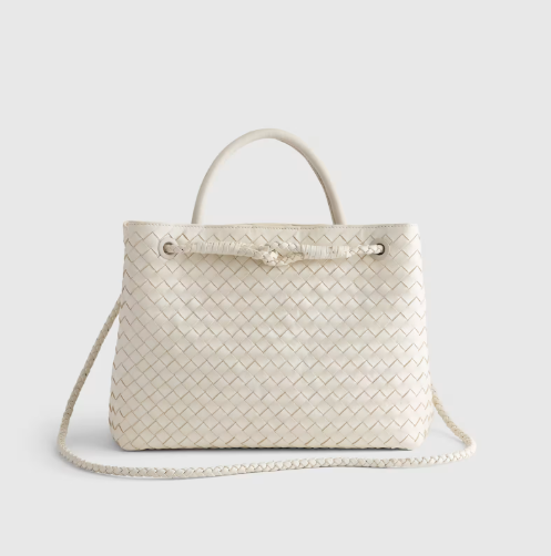 NWT QUINCE ITALIAN LEATHER ROMY HANDWOVEN SATCHEL LARGE BONE CROSSBODY MSRP$154