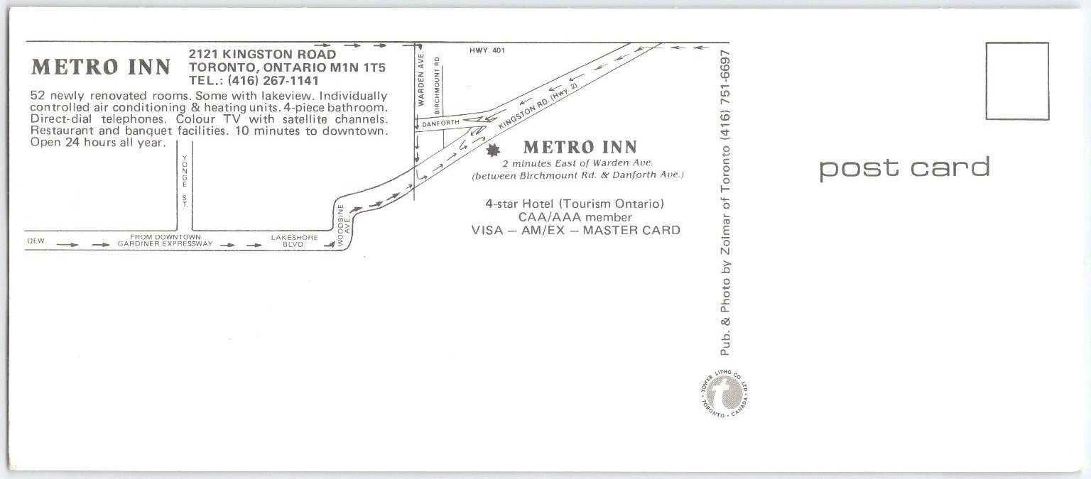 Vintage Metro Inn Toronto Multi-View Oversize Postcard by Zolmar Canada