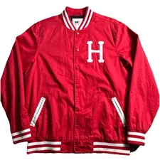 HUF Varsity College Letterman Bomber Jacket Red & White Men Medium Snap Front