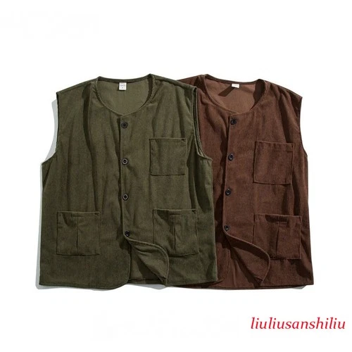 Men Japanese Harajuku Corduroy Vest Loose Casual Waistcoat Multi Pockets Gilet - product listing photo