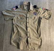 Vintage Boy Scouts of America BSA Men's Adult Shirt Beige sz Medium Sewn Patches