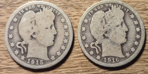 1915-D & 1916-D Barber Silver Quarters (2 Coins)