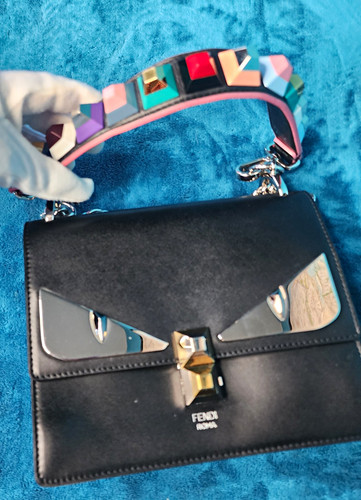 FENDI Roma  Monster Bugs Black Leather Crossbody Chain Strap Turn Lock Dust Bag
