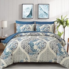 Blue Comforter Set Queen Size, 7 Pieces Bohemian Damask Comforter Set Soft Light