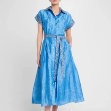 NWT La Fuori Cerulean Blue Pixie Geo Midi Shirtdress Sz M Beaded Silk Linen