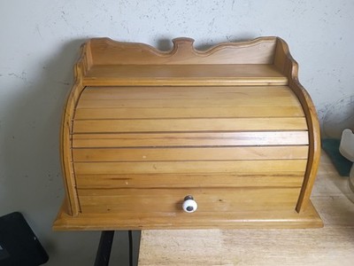 Vintage Oak Wooden Wood Roll Top Rustic Country Farmhouse Bread Box **EC