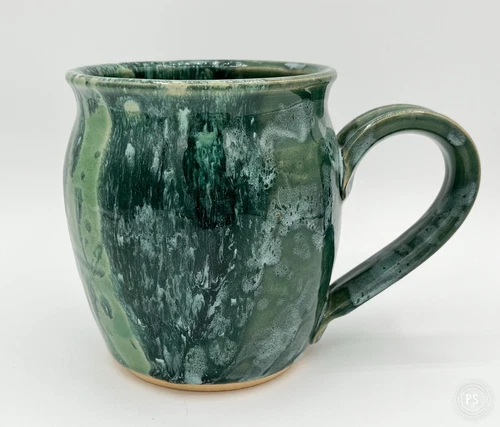 Large Studio Pottery Green Mug! Drip Glazing! No Chips Or Scratches. 5”x4”signed