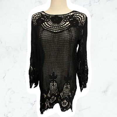 Forgotten Grace Webbed Lace Crochet Black Knit Kimono Sleeve Tunic Top Blouse