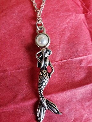 Adorable Mermaid with faux pearl Silver SP Pendant Necklace 17'' with 2'' extender