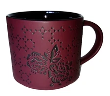 New Starbucks Purple Plum Embossed Floral Rose Ceramic Stackable Mug Cup 14 oz