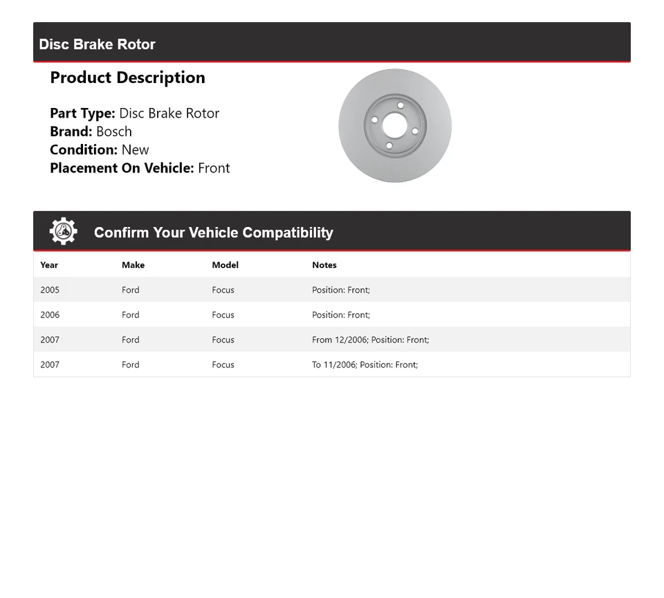 Rotor de freno de disco delantero para Ford Focus Bosch 2005-2007 QuietCast 2006 Foto 2 de 4