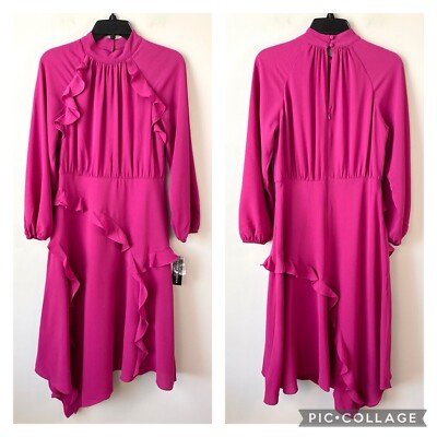 Donna Morgan Mock Neck Ruffle Midi Dress Fuchsia 6