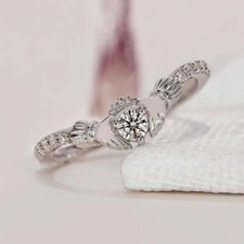 1ct Round Engagement Anniversary Irish Celtic Claddagh Ring 14k White Gold Over