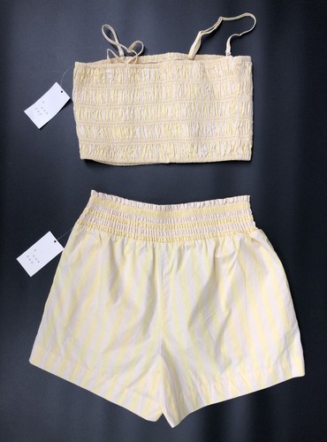 NWT Butter Yellow Striped Crop Top & Shorts Set Women XS Smocked Summer Retro - Picture 2 of 6