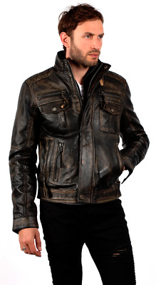 Herren Vintage Schwarz 100% Leder Brando Stil Bikerjacke
