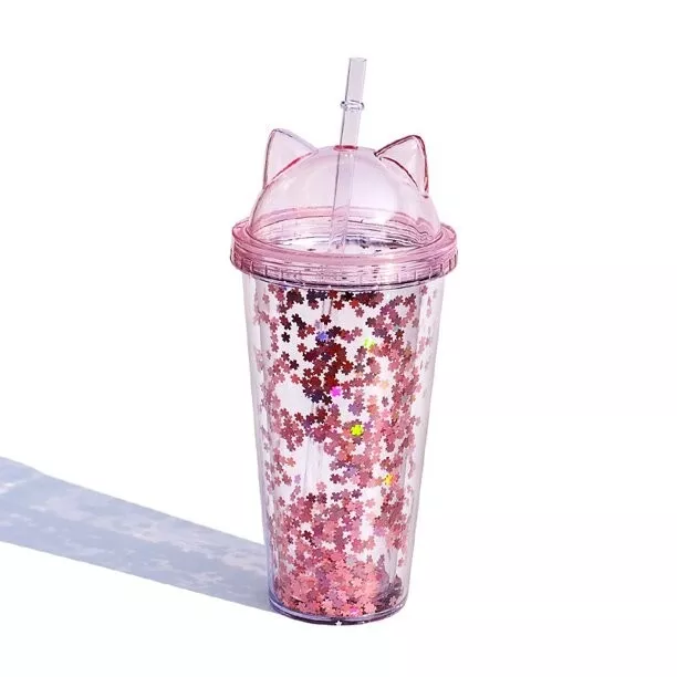 Kawaii Cute Cat Ear Tumbler Cup Water Bottle W Straw & Lid Pink Glitter  !nside