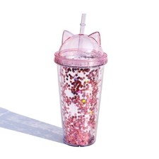 Kawaii Cute Cat Ear Tumbler Cup Water Bottle W Straw & Lid Pink Glitter !nside