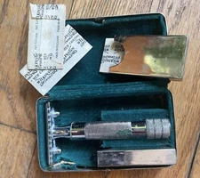 Vintage VOSS German Travel Razor Set Velvet Silver Case Wilkinson England Blades