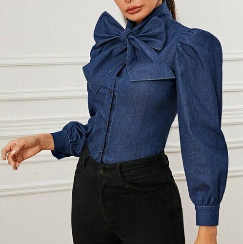denim blouse with bow tie