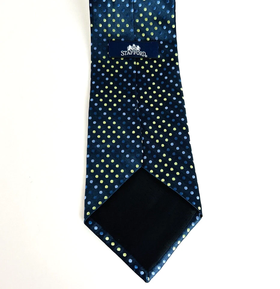 Corbata Stafford Para Hombres Azul Marino Verde Estampado de Lunares 100% Seda 58" Hecha en EE. UU. Foto 3 de 4
