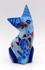 Statuette Chat Bleu En Bois Peint Peinture Or Artisanat Bali 9 5 Cm Ebay